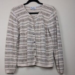 Vintage Reba Rose Striped Cream Patterned Cotton Cardigan Sweater Size M